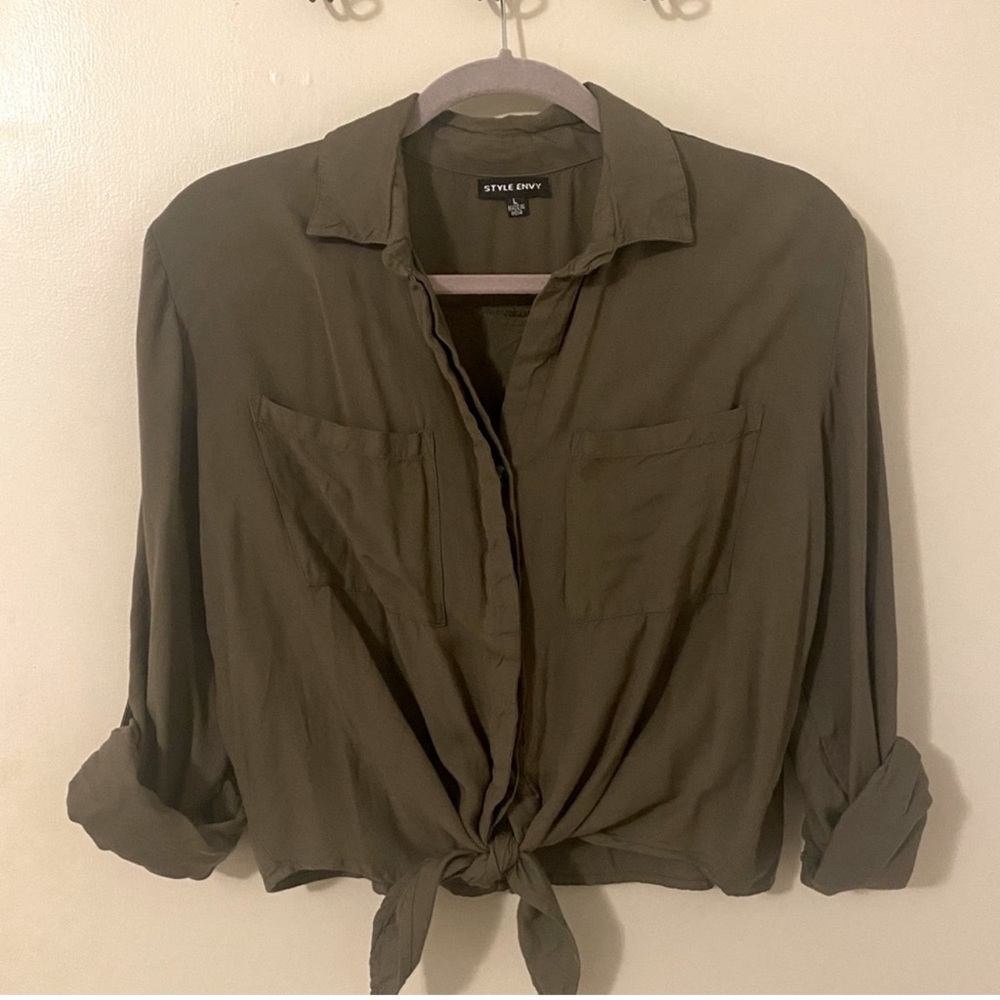 New Olive green button down blouse top shirt